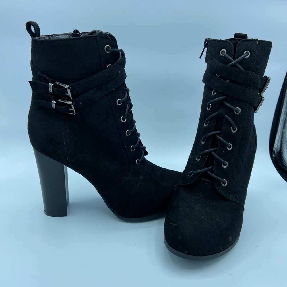 Tie Up Black Heeled Ankle Boots
